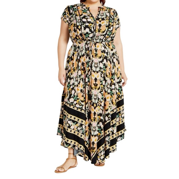 NWT City Chic Lilah Floral high Low Maxi Dress Black Yellow Medium M 18 Plus - Picture 1 of 13